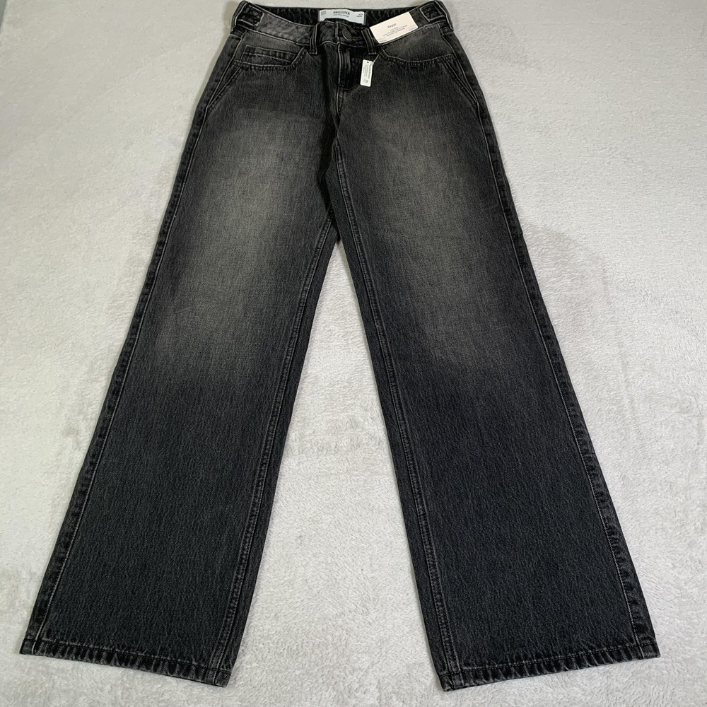 Hollister Low Rise Baggy Jeans Juniors 000R W23 Charcoal Gray Wash Wide Leg NEW